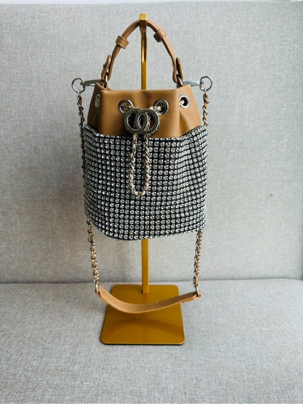 Crystal-Embellished Tan Mini Drawstring Bucket Shoulder Bag